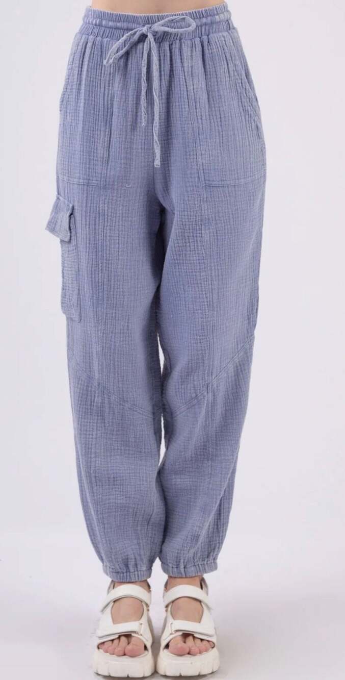 New In Blue Gauze Cargo Jogger Pants Size S